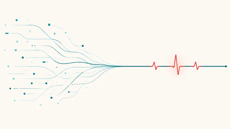 Editorial illustration of scattered data points and tactile signals converging into a clear, steady pulse line